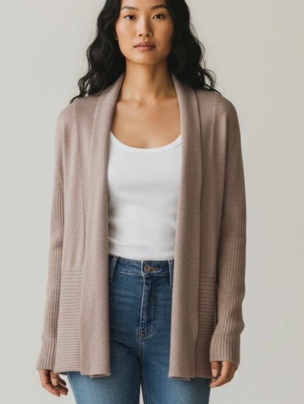 89th & Madison Womens L Taupe Open Front Cardigan Ribbed Knit Long Sleeve